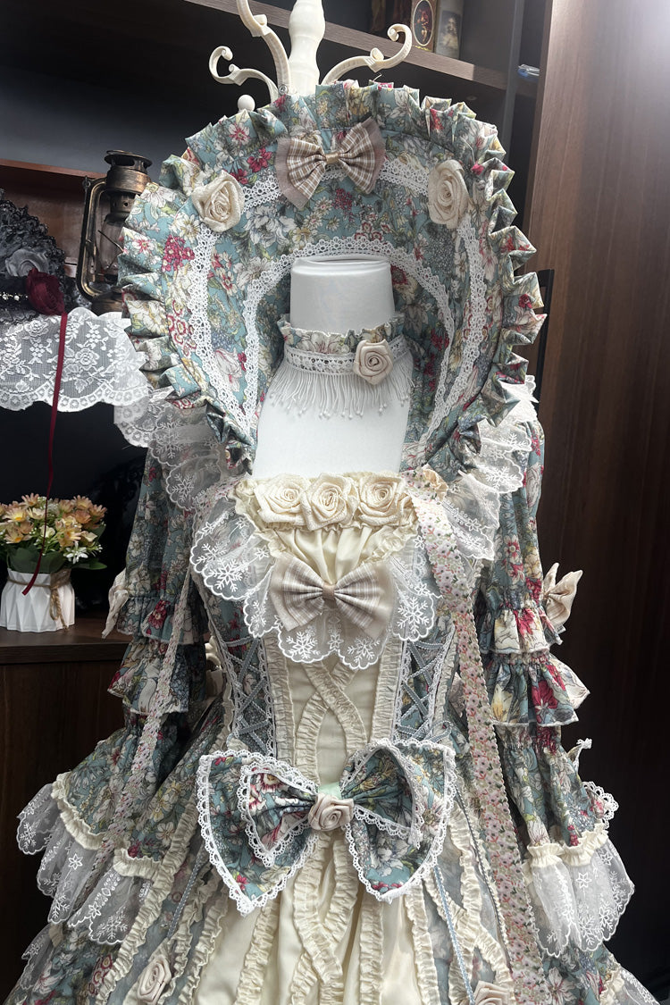 Green Ivory Print Ruffle Bow Lace Classic Vintage Princess Lolita Dress