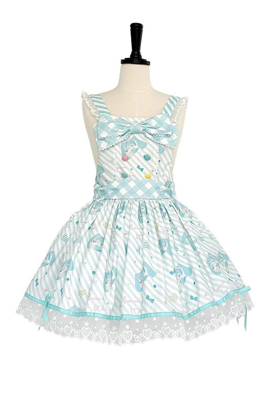 Sleeveless Print Bow Lace Sweet Lolita Strap Jumper Dress - Blue
