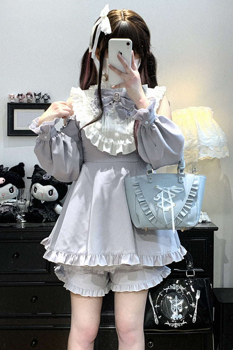 Light Blue Rose Princess Off Shoulder Long Sleeve Ruffle Bow Gothic Jirai Kei Dress