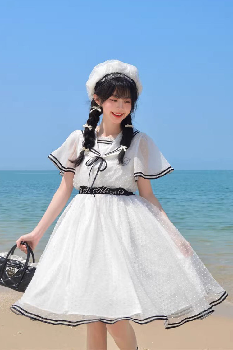 Ivory Navy Collar Ruffled Sailor Dress with Lace-Up - Seaside Sweetheart