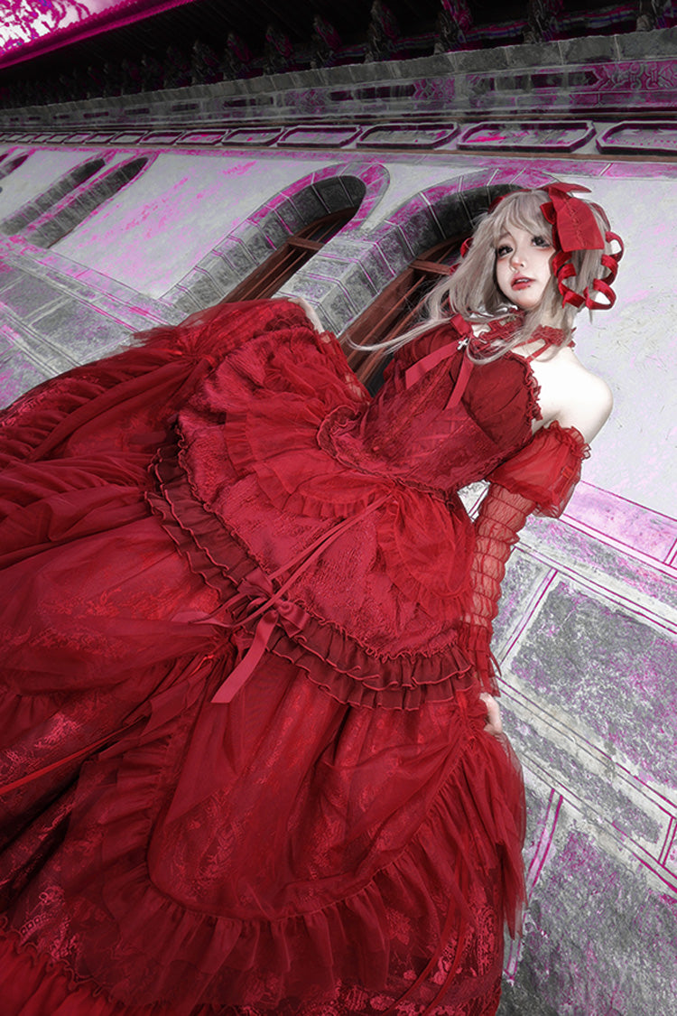 Wine Red Cross Halterneck Lace-Up Gothic Lolita Dress - Princess Ruffled