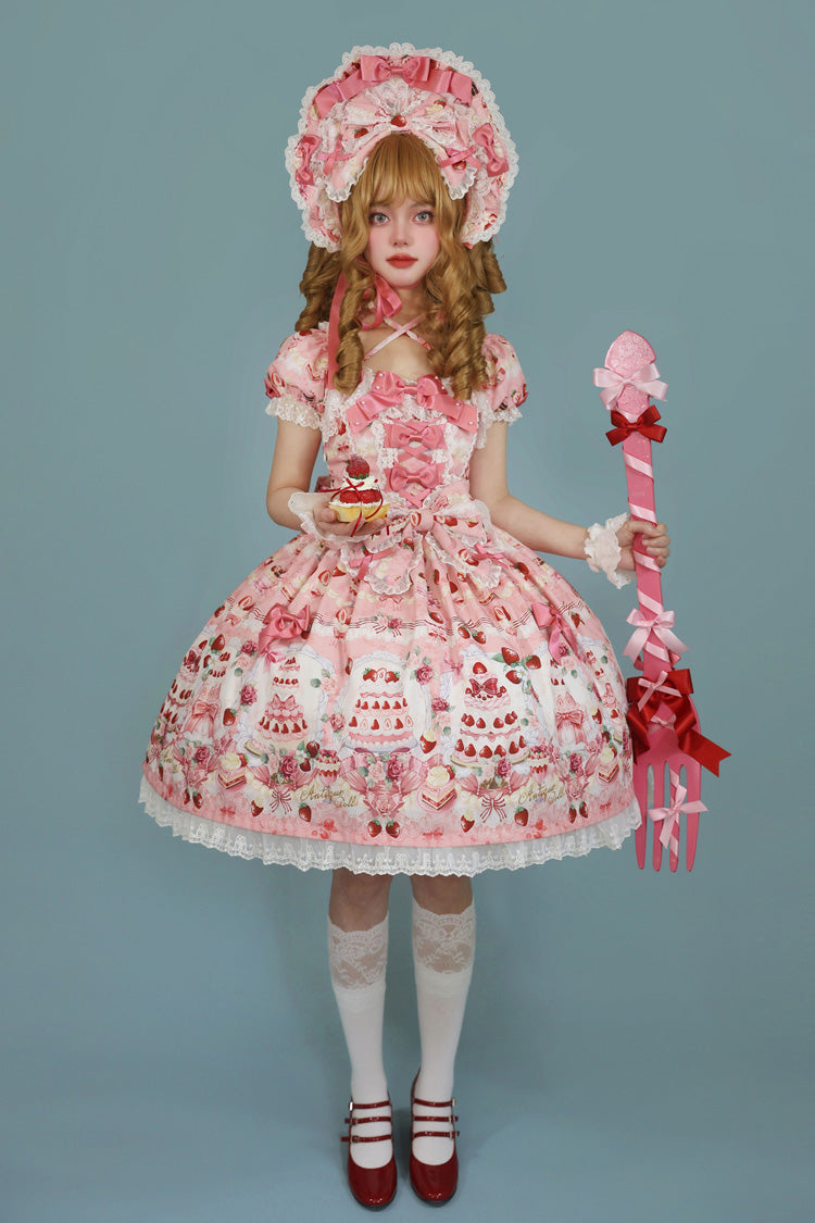 Square Collar Bowknot Lace Sweet Dress with Short Sleeves - Strawberry Cake Bouquet