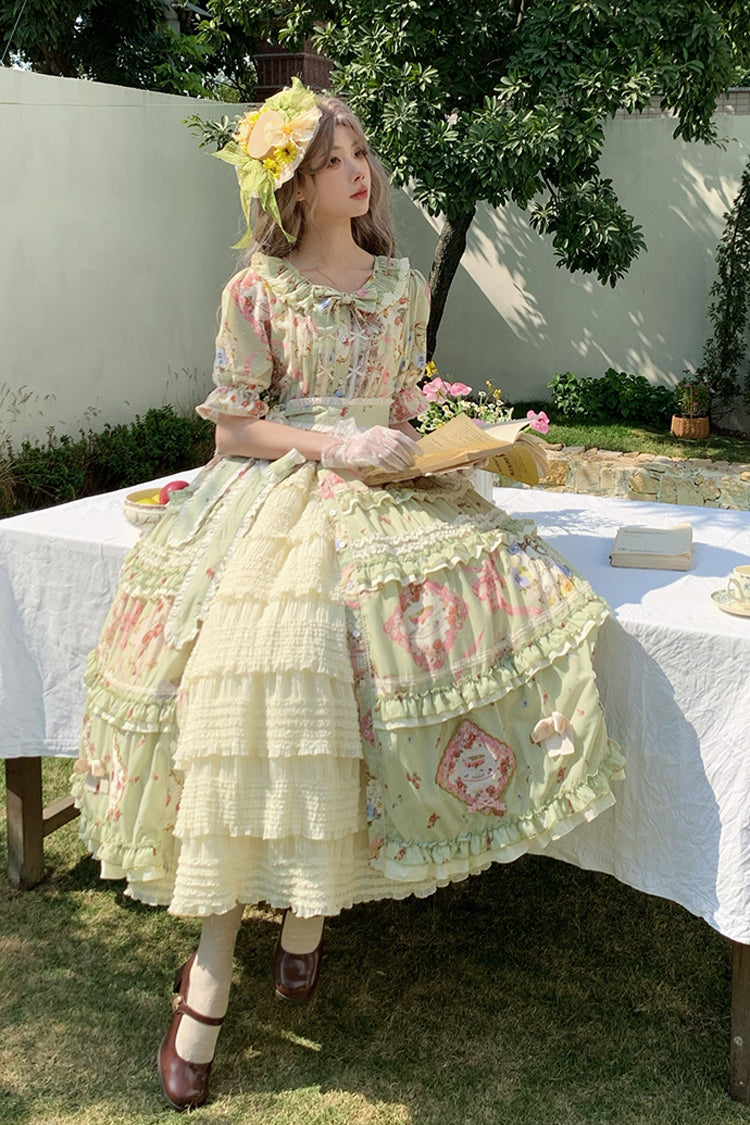 Green Short Sleeve Print Ruffle Cardigan Bowknot Gorgeous Dress