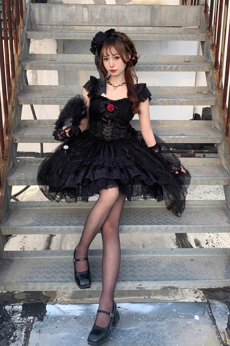 Black Short Sleeved Ruffled Rose Gothic Tiered Dress with Bow