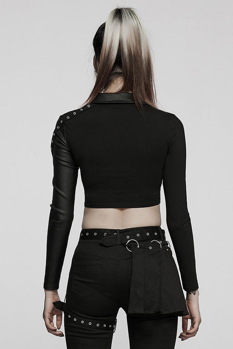 Gothic Cropped Polo Tee with Slim Fit, Straps, Long Sleeves