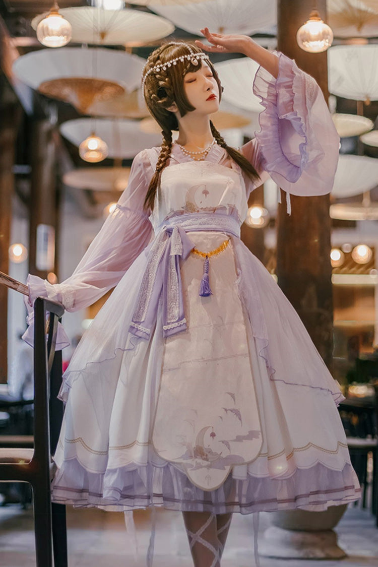 Chinese Style Lolita JSK Dress with Oriole Print and Ruffles - Night and the Oriole, 2 Tones