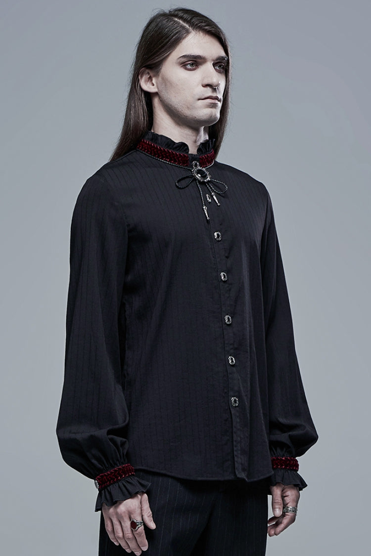 Crimson & Noir Retro Metal Button High Collar Lantern Sleeve Men's Shirt