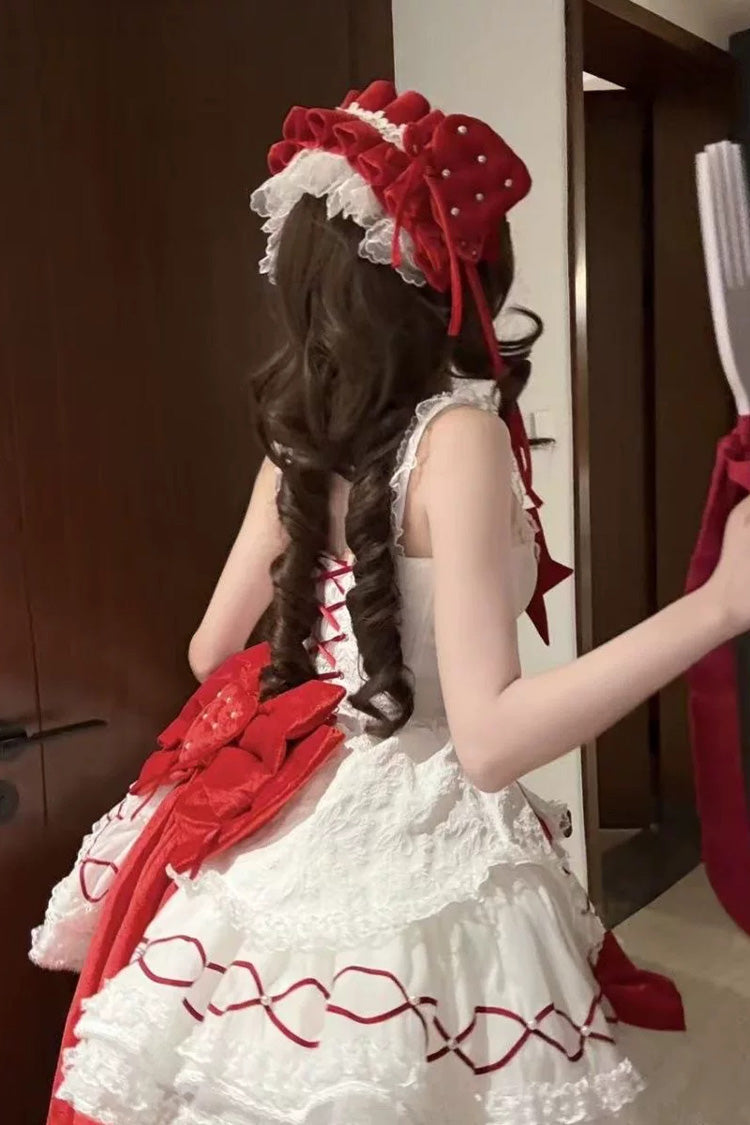Ivory and Red Jasmine Rain Strawberry Square Neck Sleeveless Triple-Layer Jacquard Bow Lolita JSK