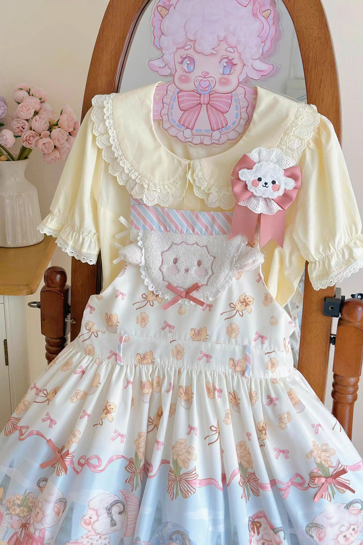 Blue/Pink Sheep Waltz Printed Ruffled Bow Lace Sweet Lolita Strap Dress - Miss Brown