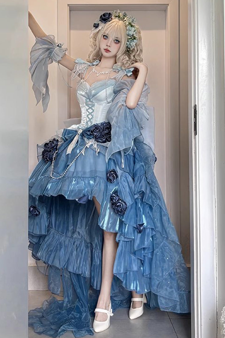 Sky Blue Swan Wonderland Embroidery Bowknot Lace-Up Irregular Ballet Jsk Dress