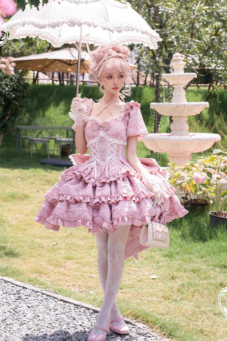 Blush Square Collar Short Sleeve Triple-Layered Ruffle Bowknot Sweet Lolita Gown