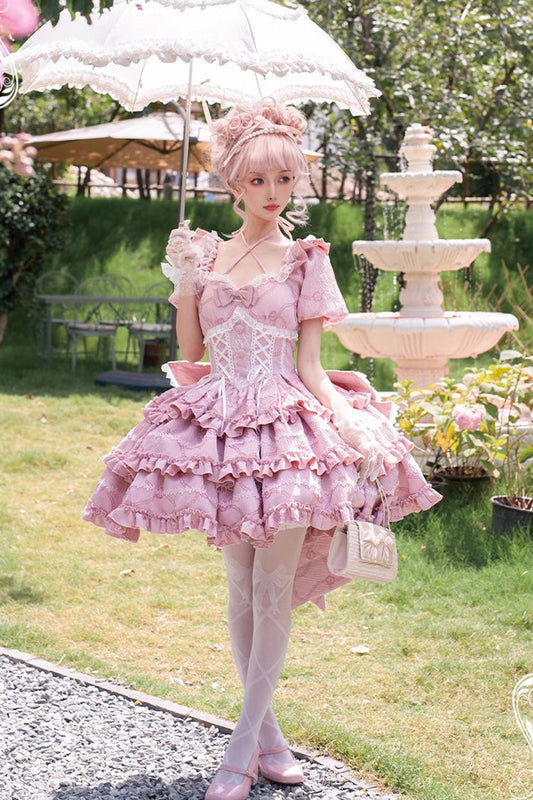 Pink Square Collar Short Sleeve Triple Ruffle Bow Sweet Lolita Dress