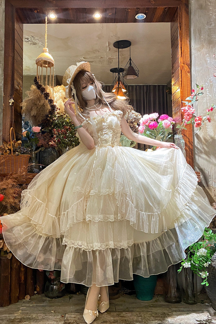 Apricot Sweet Vintage Lolita JSK Dress with Ruffle Cardigan Bowknot Lace and Elegant Style
