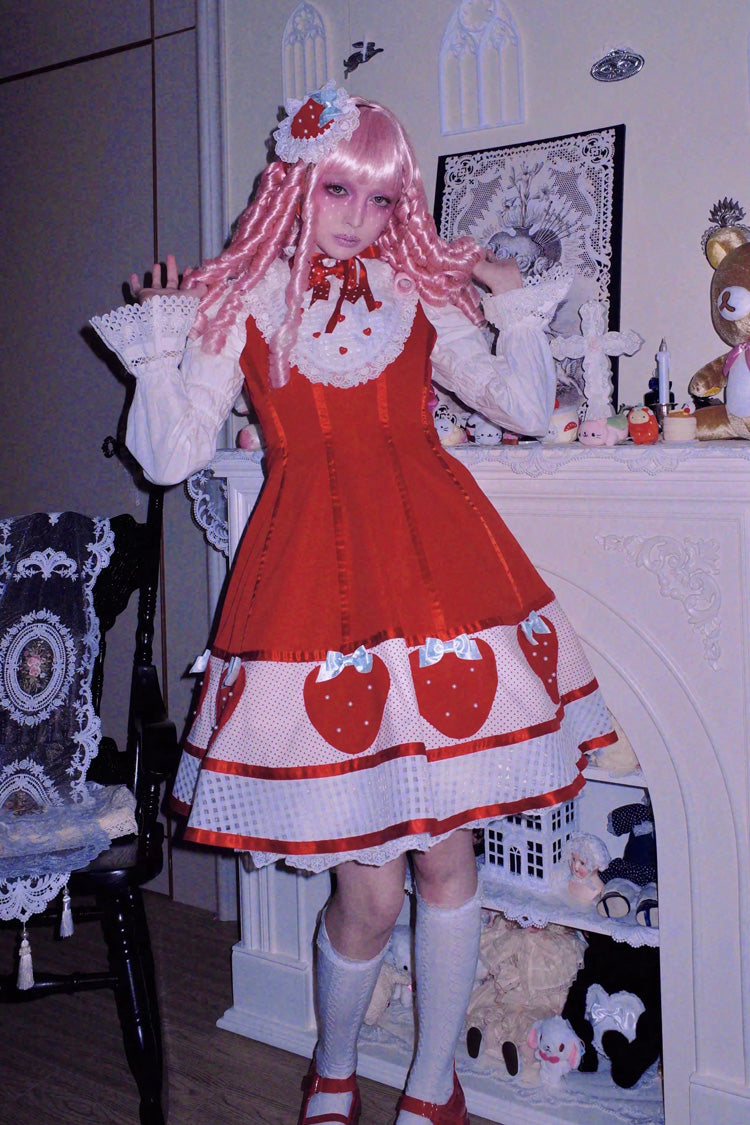 Sweet Lolita Dress with Stand Collar and Bow - Miss Peculiar Strawberry, 2 Shades