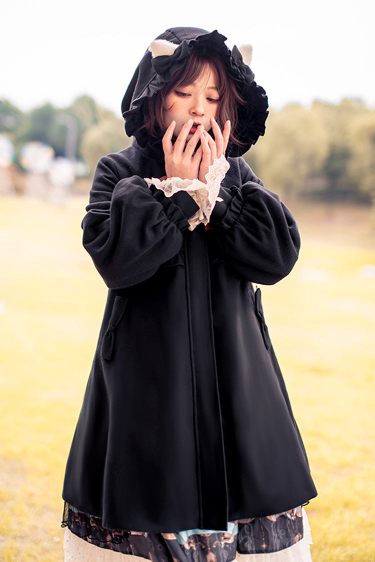 Sweet Lolita Hooded Coat with Cat Tail Bowknot and Ruffles