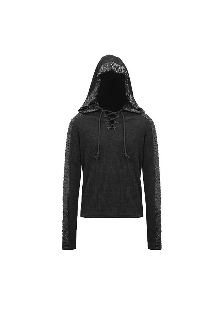 Men's Punk T-Shirt with Striped Wool Hood Lace-Up Crimped Fabric