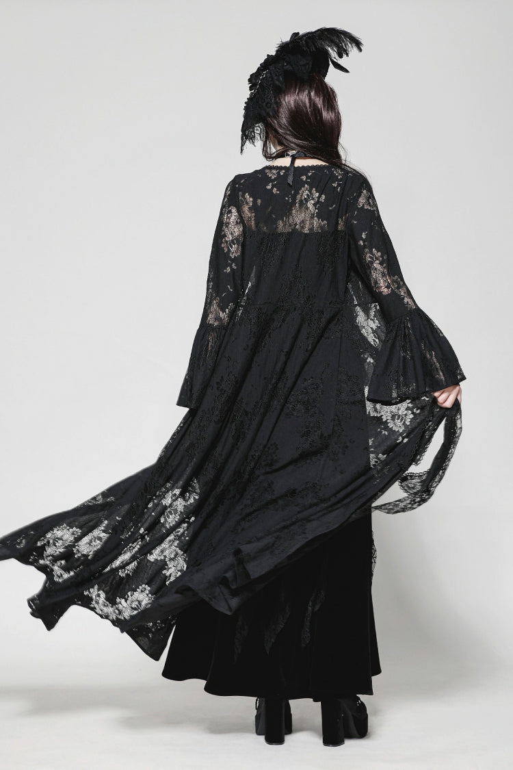 Jet-Black Elegant Robe with Lace Trim and Lacing for Women