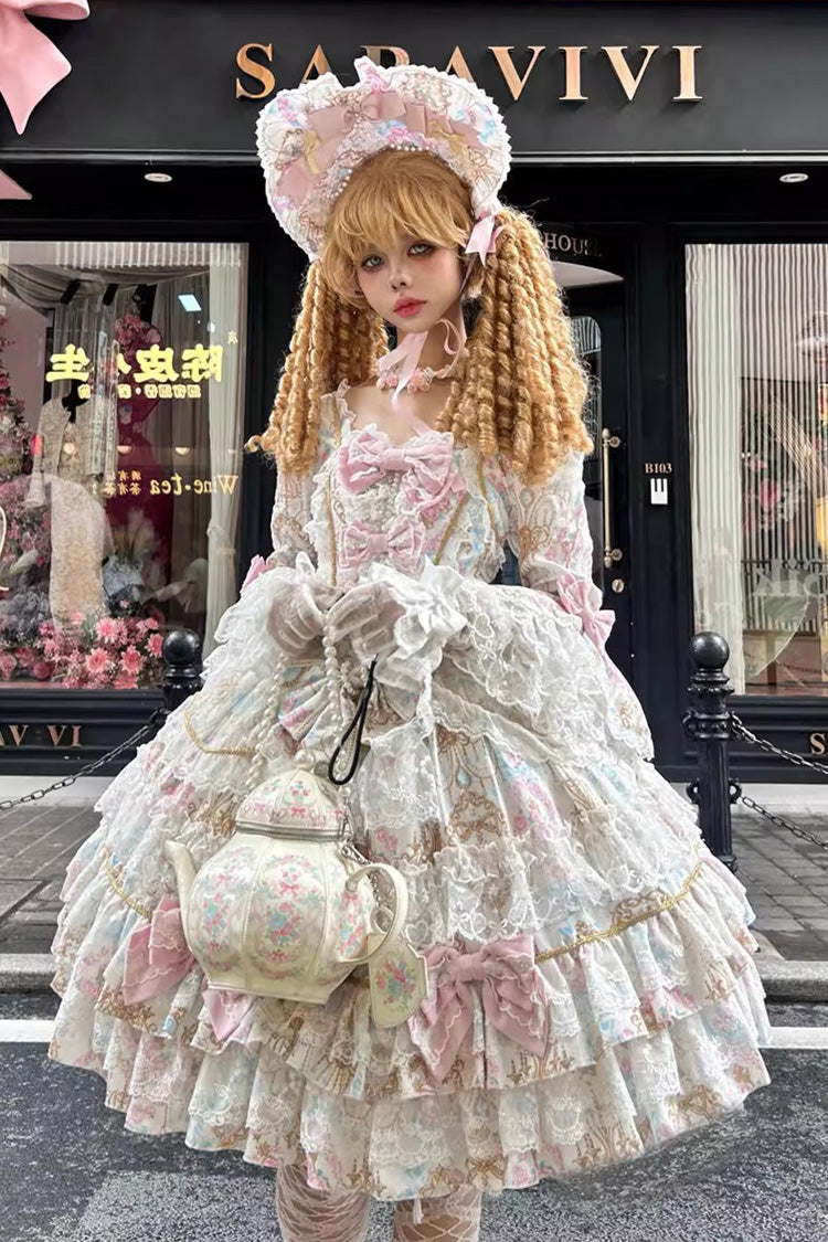 Elegant Apricot Trumpet Sleeve Layered Ruffle Bow Lace Lolita Gown