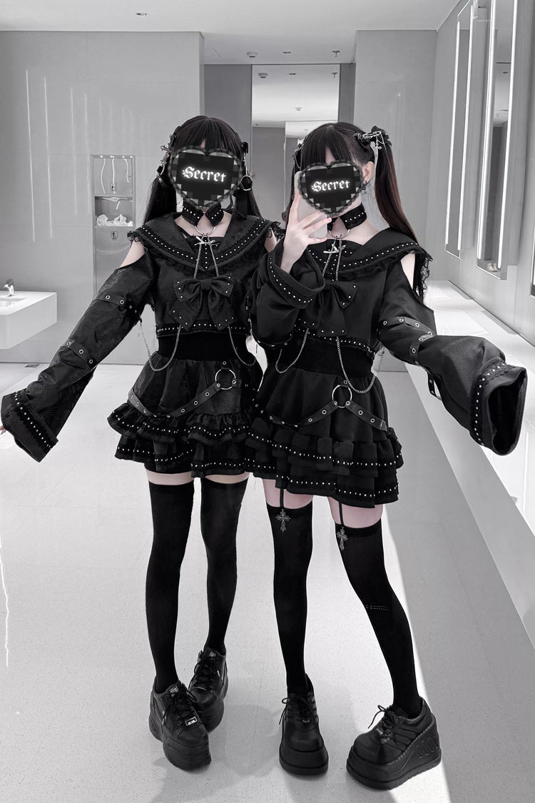 Black Gothic Studded Ruffle Bow Navy-Collar Jirai Kei Top & Skirt