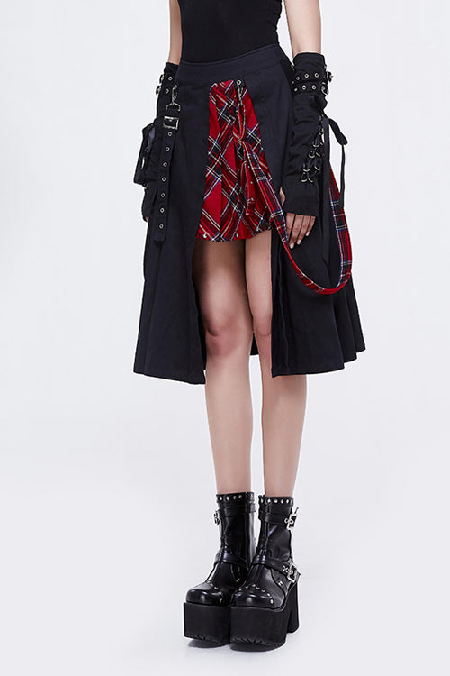 Red & Black Scottish Plaid Punk Skirt with Loops