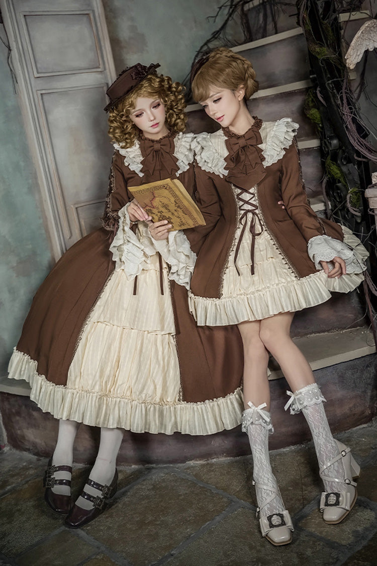 Brown Beige Nutcracker Stand Collar Long Trumpet Sleeves Ruffle Cardigan Lace-Up Sweet Lolita Dress Set