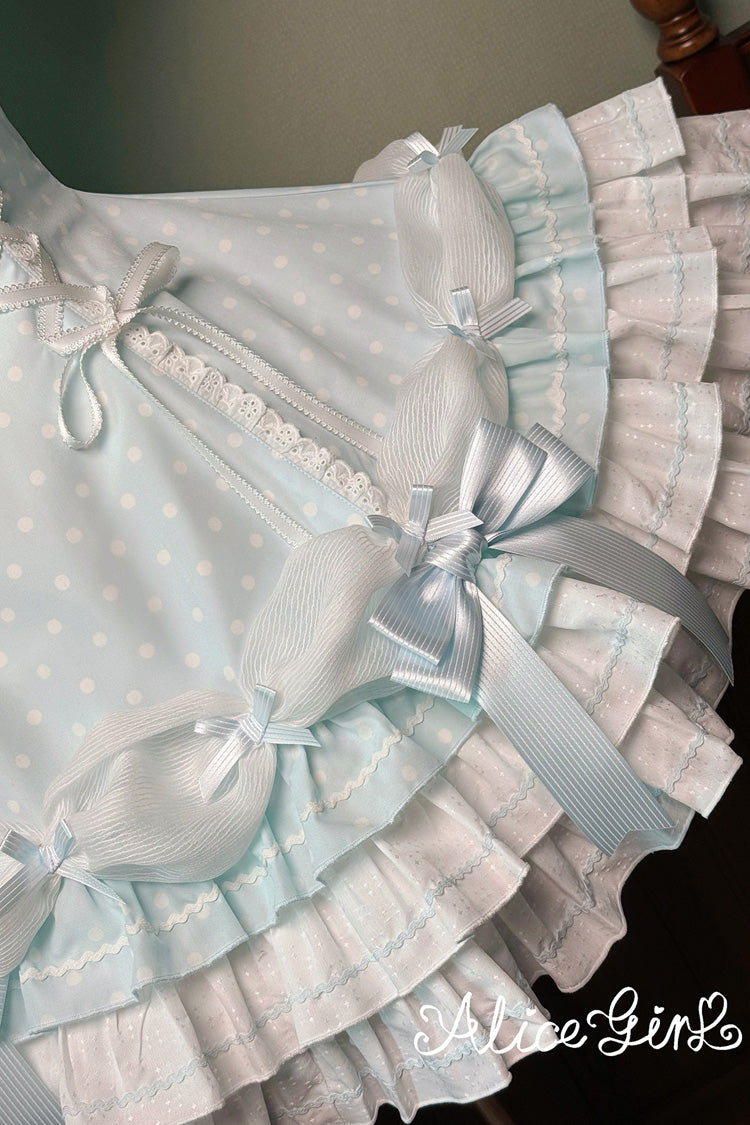 Blue Halterneck Short Sleeve Triple-Layered Polka Dot Bow Lace-Up Sweet Dress