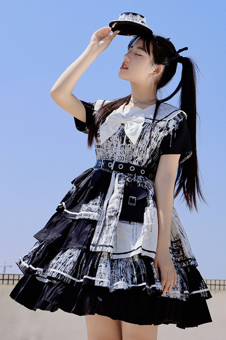 Black Short Sleeve Layered Ruffle Bowknot Asymmetric Punk Lolita Dress
