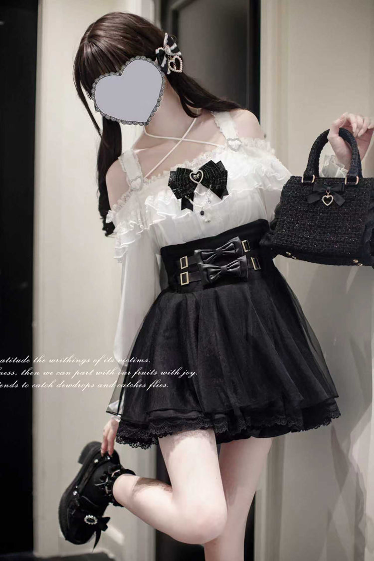 Black Solid Bow-Ornamented Jirai Skirt