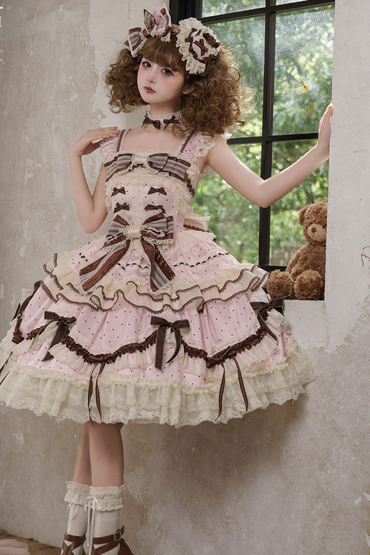 Sleeveless Print Ruffle Bow Lace-Up Sweet Elegant Lolita Jumper Dress - Pink