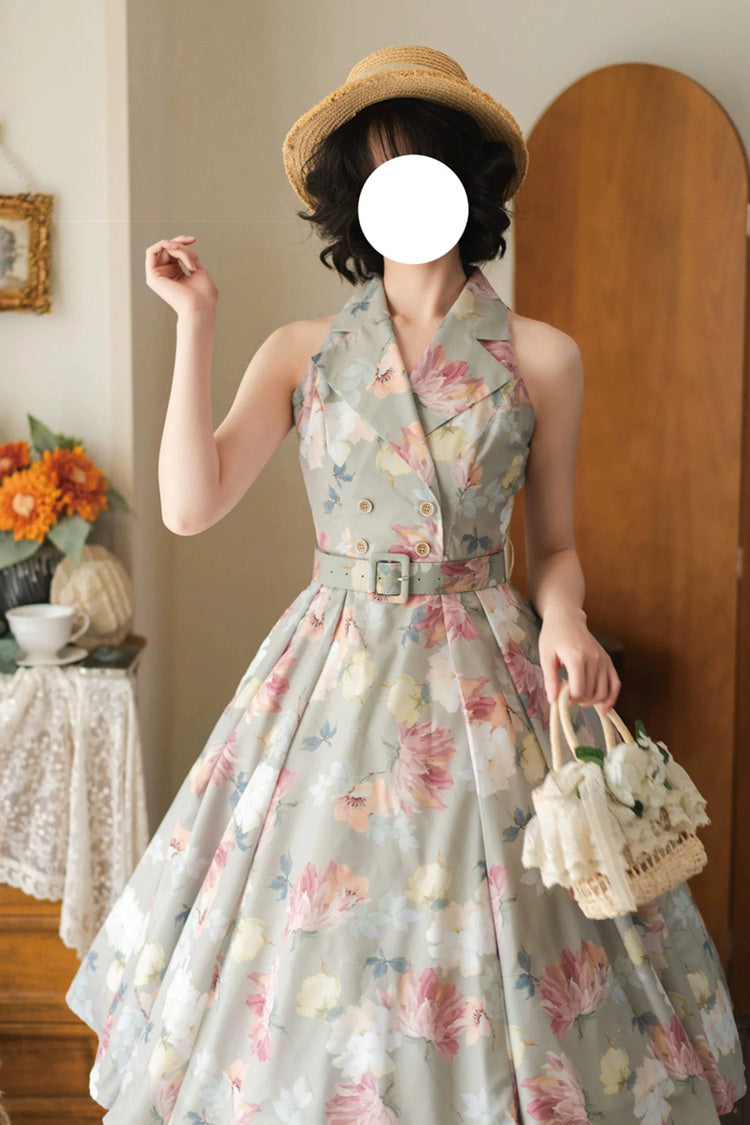 V Collar Printed Vintage Dress - Afternoon Forest