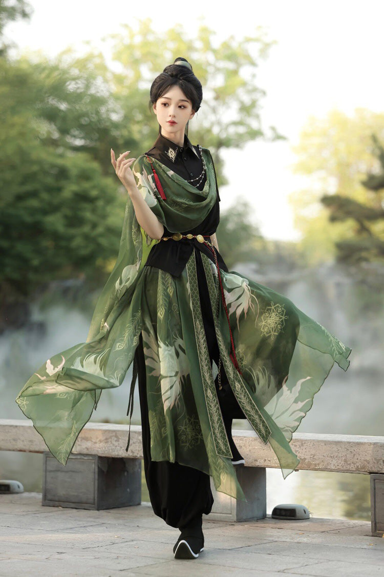 Embroidered Lapel Collar Short Sleeve Wuxia Hanfu Pants Set