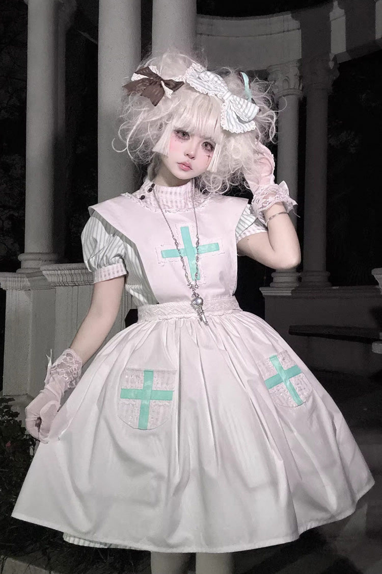 Green Striped Bow Nurse Lolita Stand-Collar