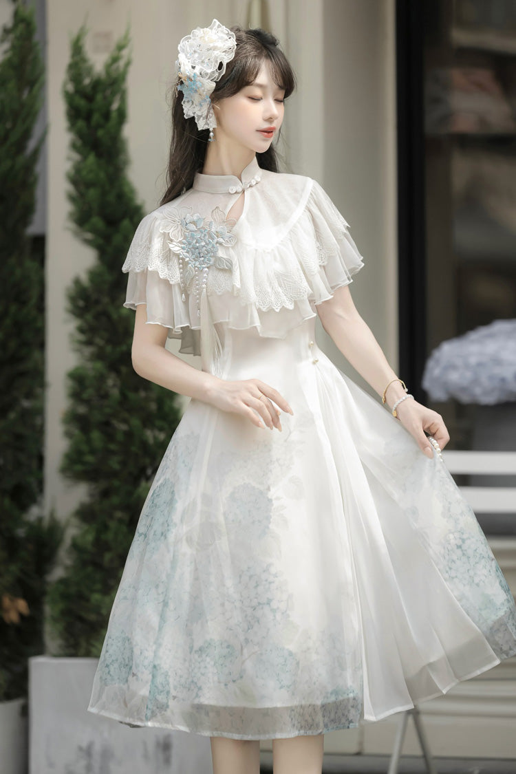 Ivory Print Ruffle Lace Chinese Elegant Short Dress