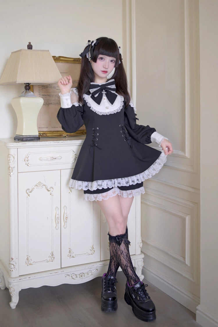 Black and White Divine Love Cut-Out Bow Lace-Up Dress and Shorts Set