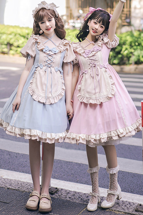 Sweet Lolita OP Dress - Puff Sleeve, Bowknot, High Waist