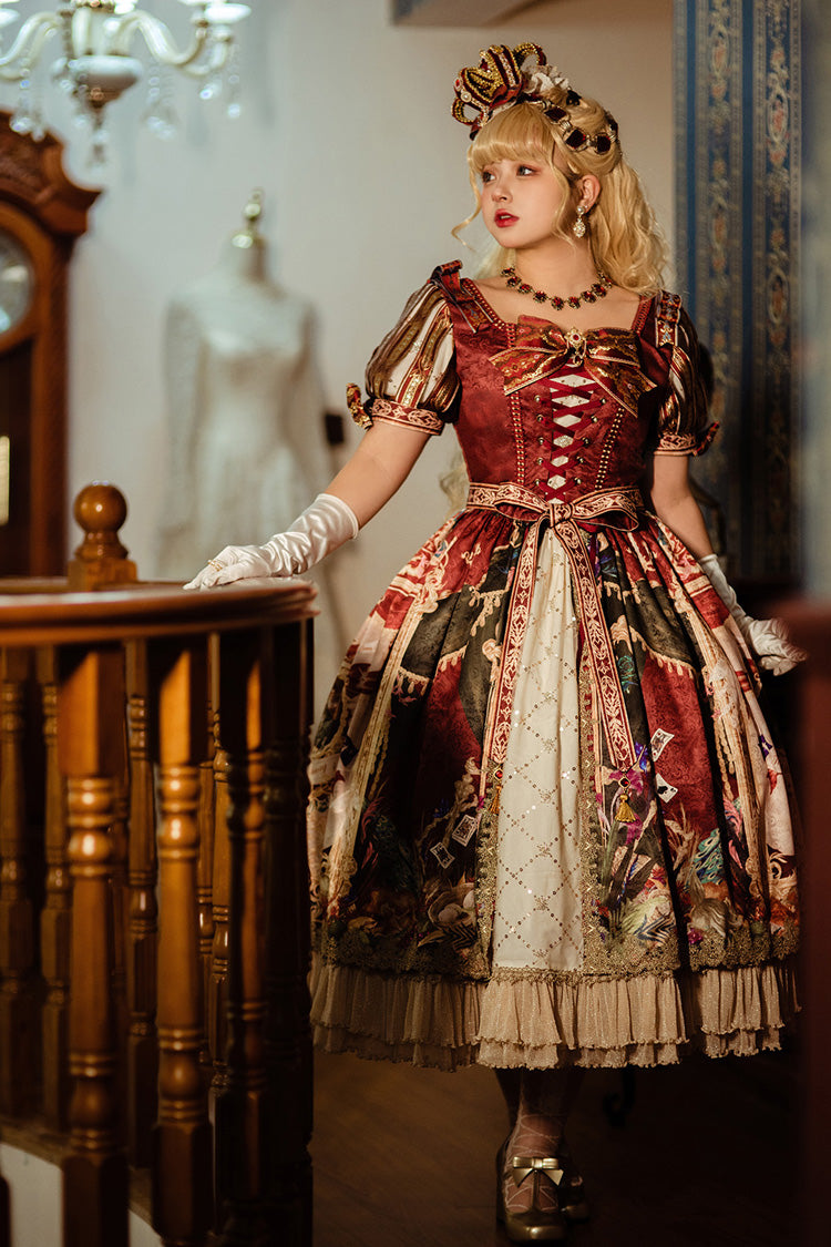 Red Kaleidoscope of Dreams Double-Layer Print Embroidery Bow Lace-Up Classic Vintage Gorgeous Lolita