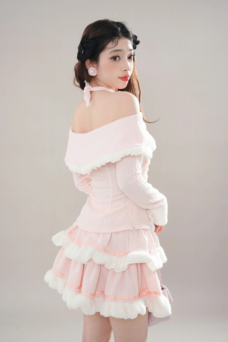 Pink Long Sleeve Ruffle Bow Lace Sweet Princess Tiered Skirt Set
