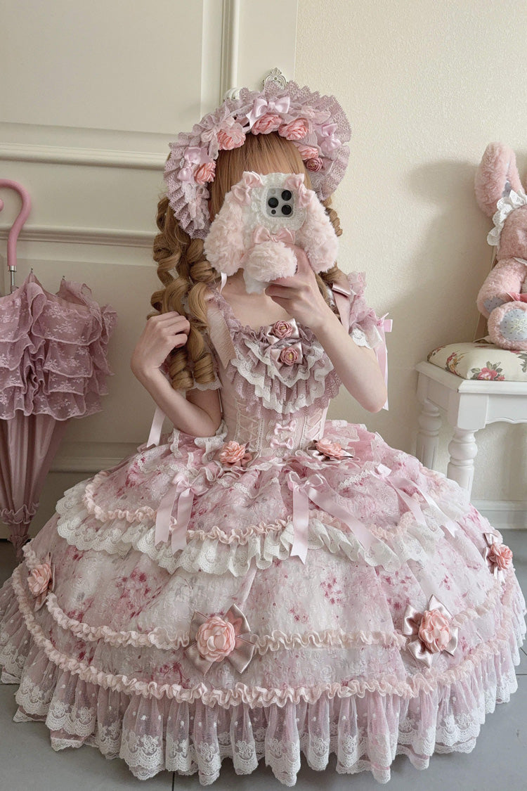 Pink Short Puff Sleeves Ruffle Bowknot Lace Sweet Japanese Princess Dress - Rose Manor