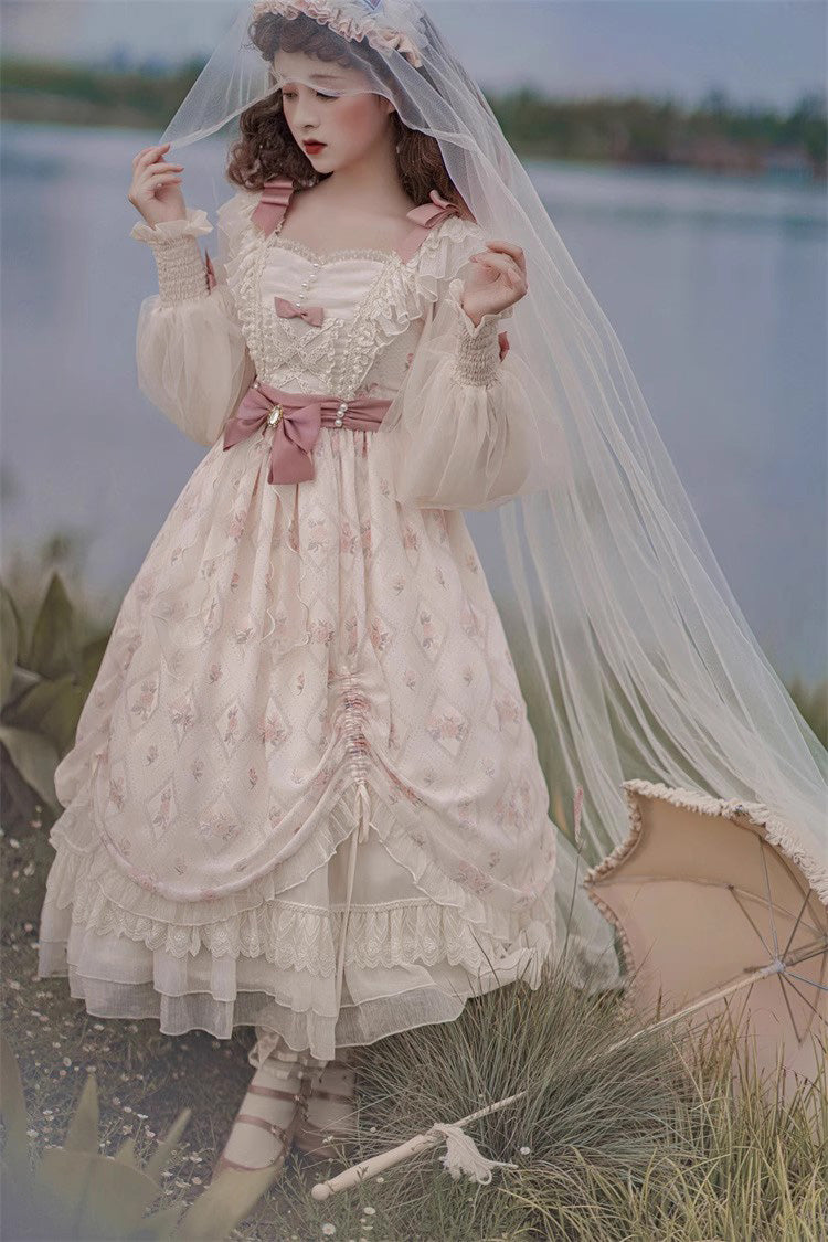 Ivory Letter Print Ruffle Bowknot Casual Elegant Lolita Dress