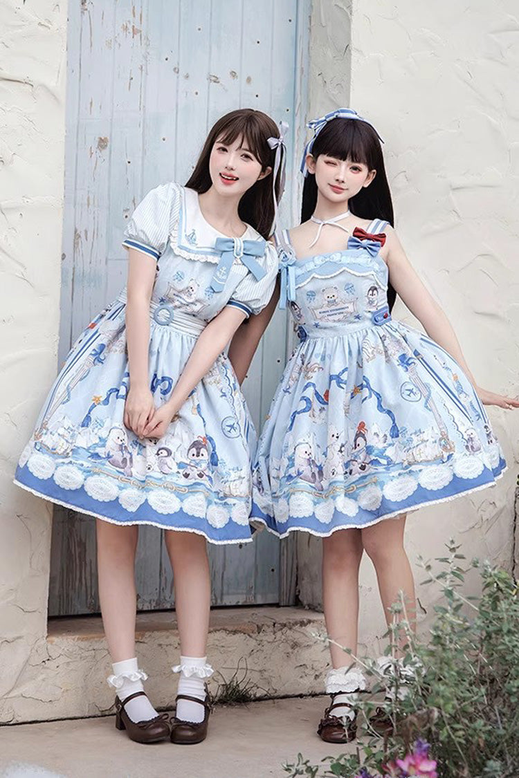 Penguin Navy Short Sleeve Print Ruffle Bow Princess Lolita Dress in Blue