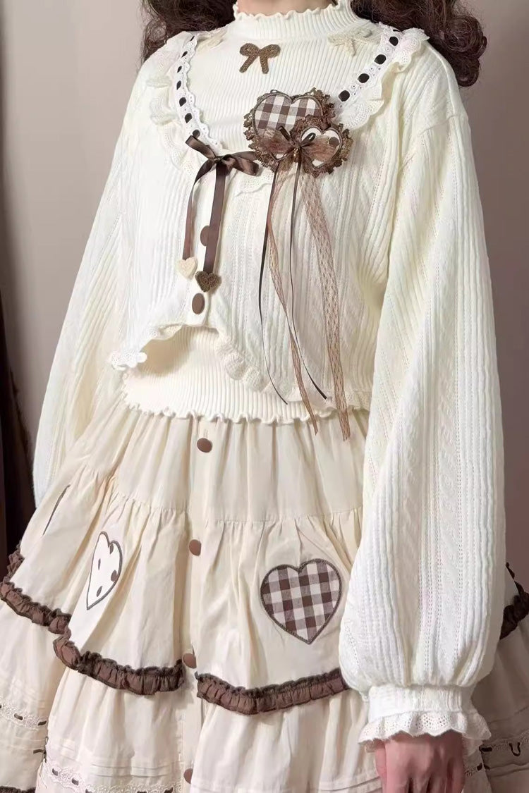 Cream Lovely Heart Triple-Layer Embroidery Bow Frilled Elegant Sweet Lolita Skirt