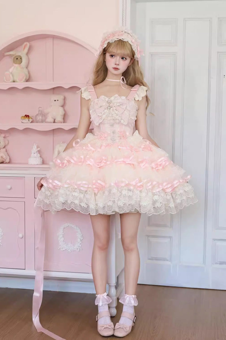 Pink Rose Feather Waltz Sleeveless Triple-Layer Ruffle Bow Lace Ballet Lolita Jumper