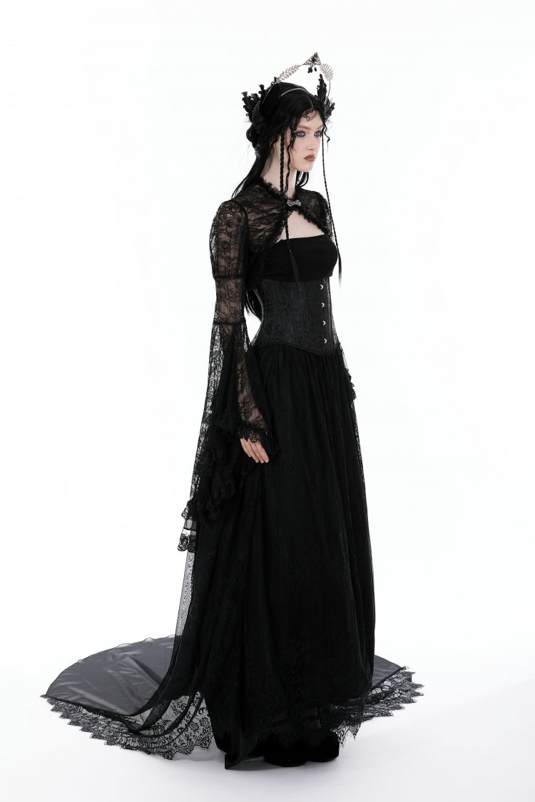 Jet-Black Gothic Cape with Flared Sleeves and Ruffled Lace