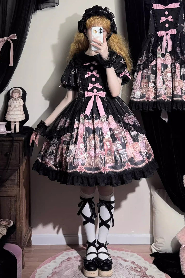Black Missing Lamb Printed Long Sleeved Ruffled Bow Lace Gothic Lolita Dress
