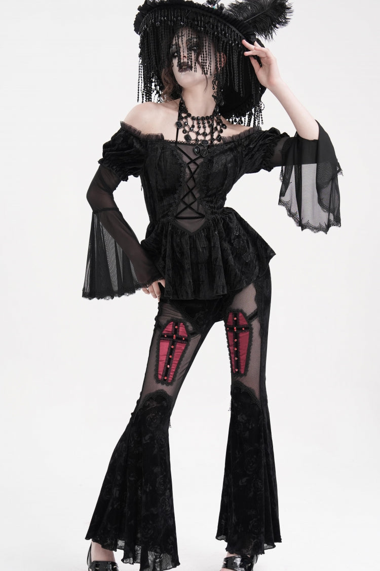 Sheer Black Hollow Lace-Up Mesh Long Sleeve Halter Gothic Blouse