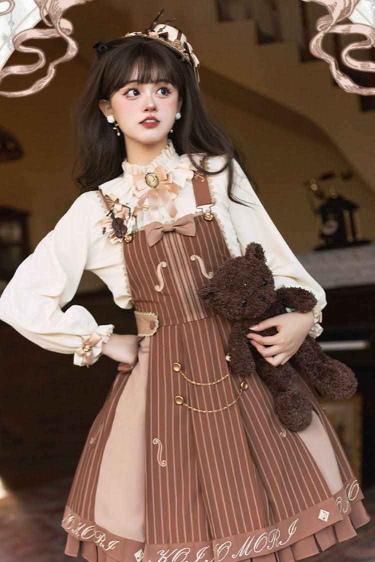 Sweet College Lolita Strap Dress Violin Embroidery Bowknot Ruffled - Two Colors