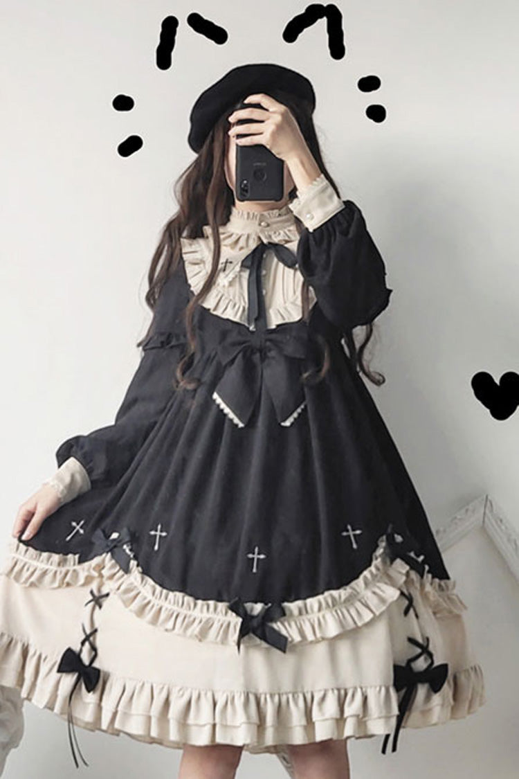 Coal Crewneck Chest Bow Cross Print Ruffled Sweet Lolita OP Dress