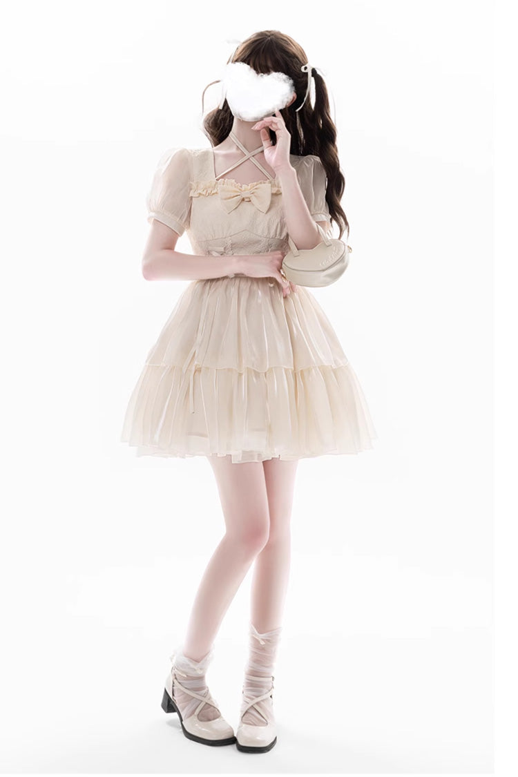 Apricot Sweet Lolita Dress with Multi-Layer Jacquard Ruffles Short Sleeves and Bowknot