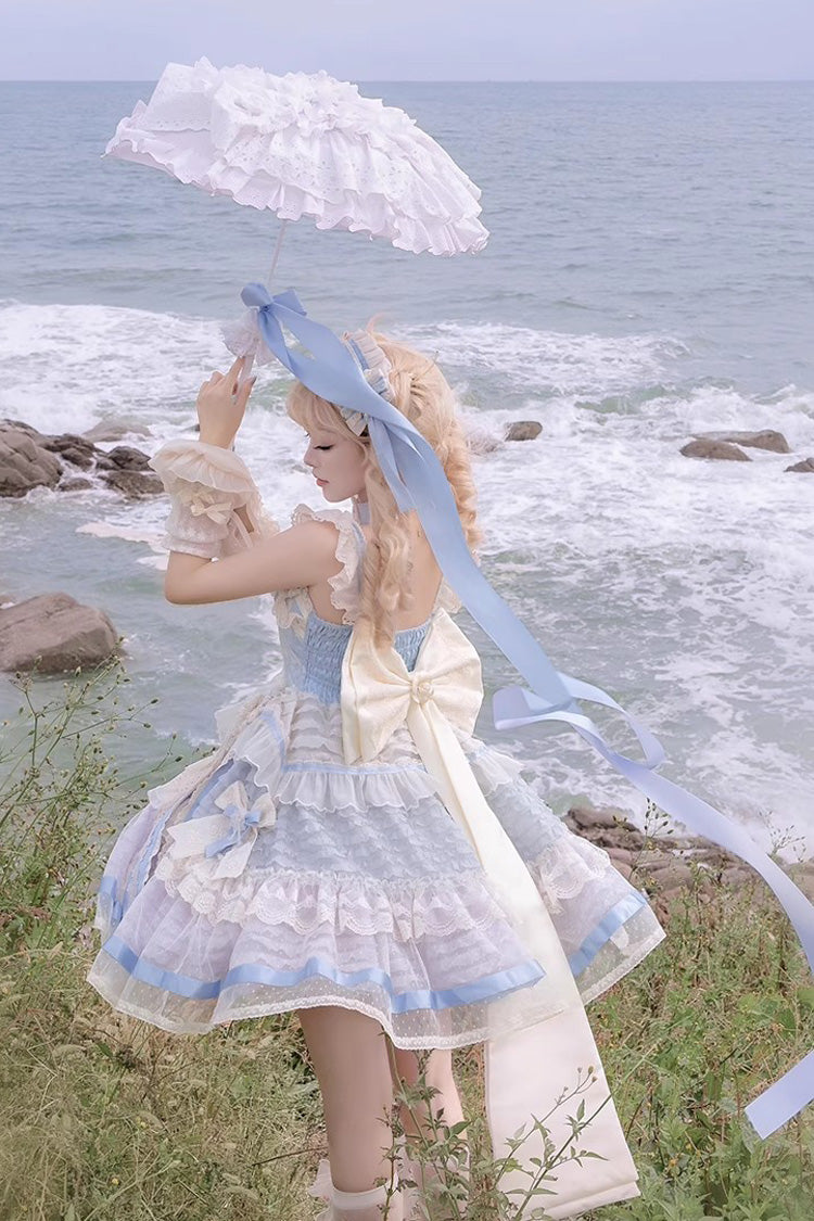 Moonstone Sleeveless Ruffle Embroidery Bow Lace Fishbone Princess Dress in Blue