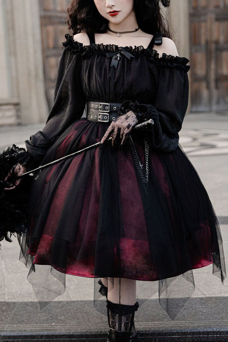 Black Boat Neck Gothic Lolita OP Dress Metal Chain Organza Stitching - Altfashion Shop